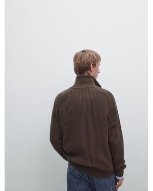 MASSIMO DUTTI Wool Blend Knit Cardigan With Zip Fastening - Brown