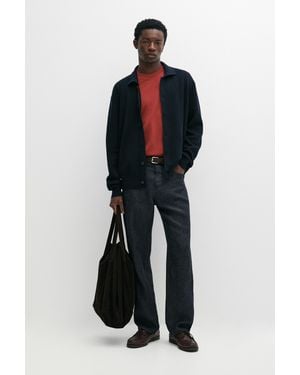 MASSIMO DUTTI 100% Cotton Polo Collar Knit Cardigan - Black