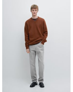 MASSIMO DUTTI 100% Wool V-Neck Knit Sweater - Brown