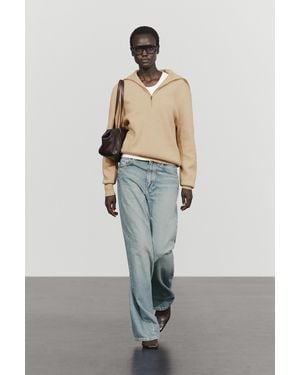 MASSIMO DUTTI Wide Collar Zip Knit Sweater - Natural
