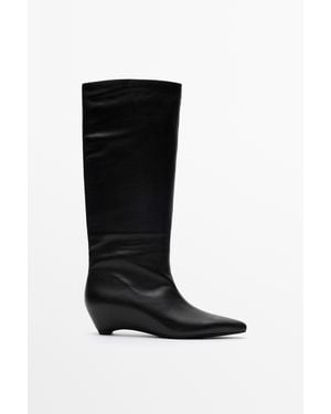 MASSIMO DUTTI Leather Wedge Heel Boot - Black