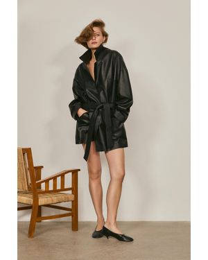 MASSIMO DUTTI Long Nappa Leather Jacket With Bow Detail - Black