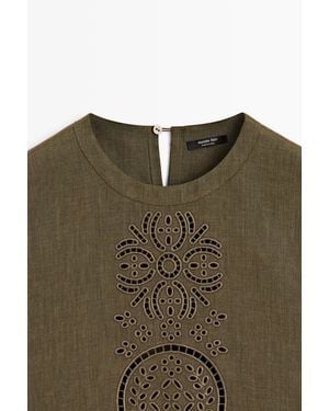 MASSIMO DUTTI Linen Blend Blouse With Embroidered Details - Green