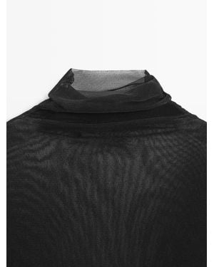 MASSIMO DUTTI Semi-Sheer Long Sleeve T-Shirt - Black