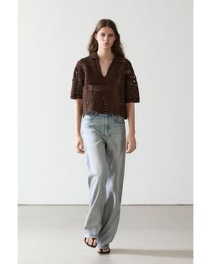 MASSIMO DUTTI Cotton Blend Crochet Polo T-Shirt - Brown