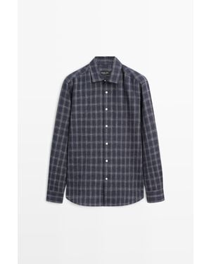 MASSIMO DUTTI 100% Linen Regular Fit Check Shirt - Blue