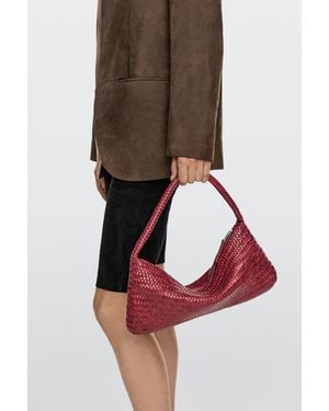 MASSIMO DUTTI Nappa Leather Woven Croissant Bag - Red