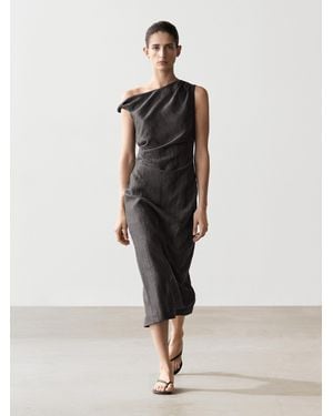 MASSIMO DUTTI Midi Dress With Shoulder Pleat Detail - White