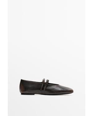 MASSIMO DUTTI Double-Strap Leather Ballet Flat - White