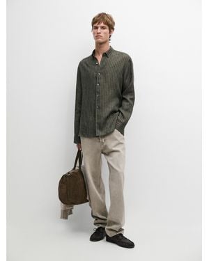 MASSIMO DUTTI 100% Linen Regular Fit Striped Flowing Shirt - Green