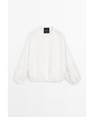 MASSIMO DUTTI 100% Linnen Bomberjack Met Borduursel - Wit