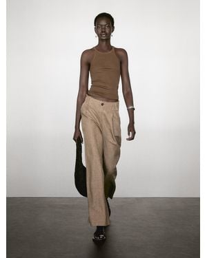 MASSIMO DUTTI Flowing 100% Linen Trousers With Darts - Natural