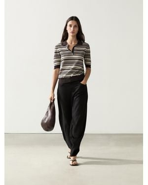 MASSIMO DUTTI 100% Cotton Striped Knit Polo Shirt - Black