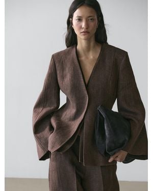 MASSIMO DUTTI 100% Linen Lapelless Blazer - Black