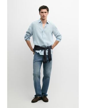 MASSIMO DUTTI Textured 100% Linen Shirt - Blue