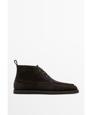 MASSIMO DUTTI Split Suede Leather Ankle Boot With Stitching - Black