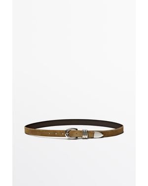 MASSIMO DUTTI Split Suede Leather Belt With Metal Detail - White