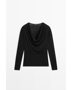 MASSIMO DUTTI Long Sleeve Top With Draped Neckline - Black