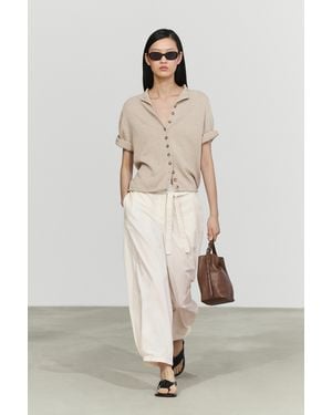 MASSIMO DUTTI Cotton Funnel Neck Knit Cardigan - Natural