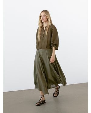 MASSIMO DUTTI Flounce Linen Blend Midi Skirt - Green