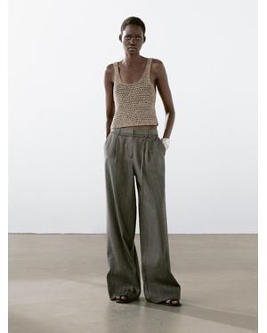 MASSIMO DUTTI Multi-Stripe Trousers With Belt Detail - Brown