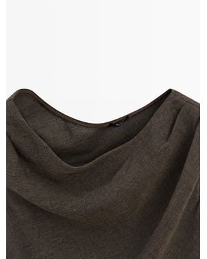 MASSIMO DUTTI 100% Linen Midi Dress With Shoulder Detail - Grey
