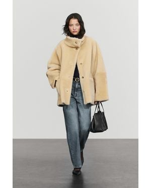 MASSIMO DUTTI Reversible Fur Leather Coat - White