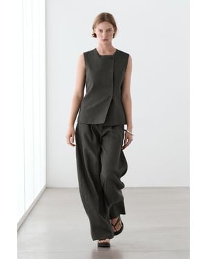MASSIMO DUTTI Linen Melange Double-Breasted Button Vest - Black