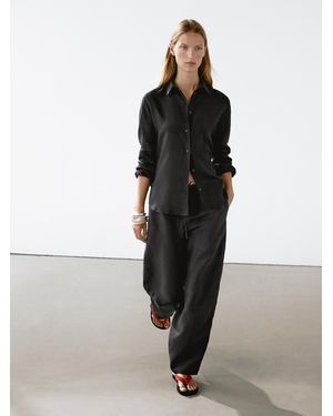 MASSIMO DUTTI Flowing Linen Blend Barrel Fit Trousers - Black