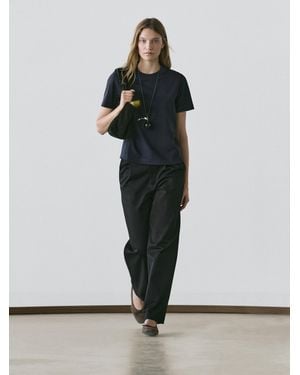 MASSIMO DUTTI 100% Cotton Interlock Crew Neck T-Shirt - Black