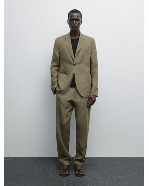MASSIMO DUTTI Pantalón Traje 100% Lino - Verde