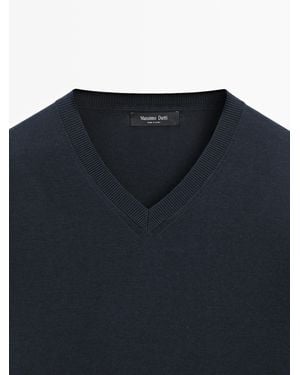 MASSIMO DUTTI Cotton Blend V-Neck Knit Jumper - Blue