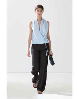 MASSIMO DUTTI 100% Linen Halter Top With Tie Detail - Blue