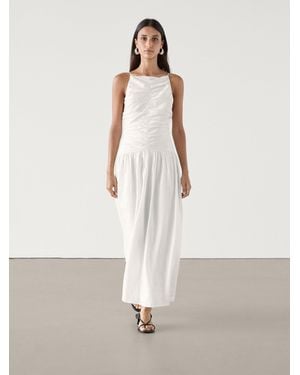MASSIMO DUTTI Gathered Pinstripe Midi Dress - Natural