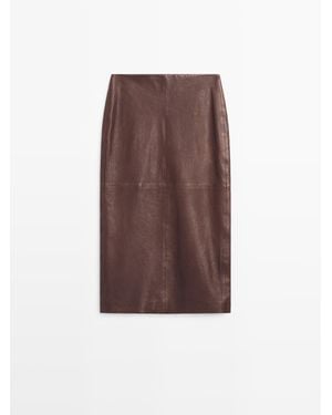 MASSIMO DUTTI Rechte Halflange Rok Van Nappaleer - Bruin