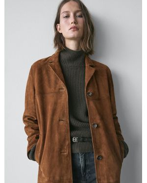 MASSIMO DUTTI Long Suede Leather Coat - Brown