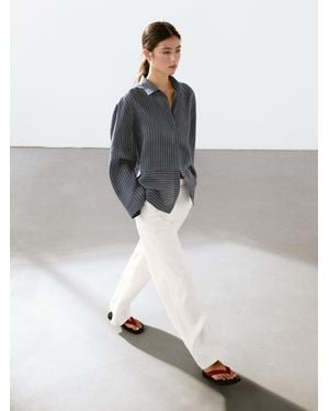 MASSIMO DUTTI 100% Linen Striped Pants With Buckle Detail - White
