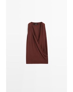 MASSIMO DUTTI 100% Katoenen Top Met Gedrapeerde Overslag - Rood