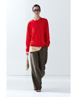 MASSIMO DUTTI Fine-Knit Round Neck Sweater - Red