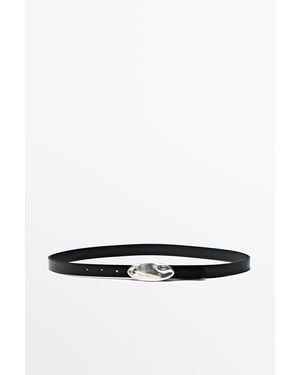 MASSIMO DUTTI Nappa Leather Belt With Hammered Oval Buckle - White