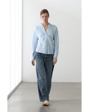 MASSIMO DUTTI 100% Linen Stand Collar Shirt - Blue