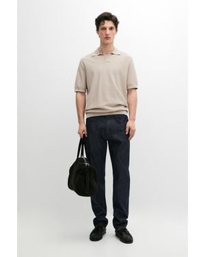 MASSIMO DUTTI 100% Cotton Textured Knit Polo Jumper - Natural