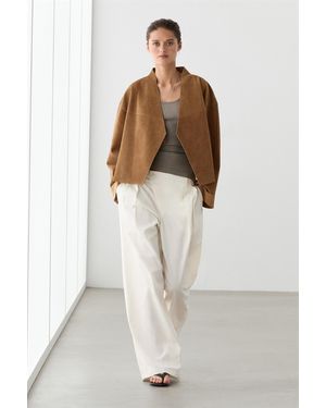 MASSIMO DUTTI Short Double-Breasted Suede Leather Jacket - Brown