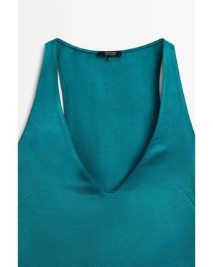 MASSIMO DUTTI Satin Linen Blend V-Neck Top - Blue