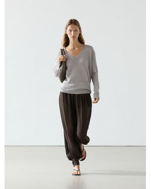 MASSIMO DUTTI Linen V-Neck Knit Jumper - White