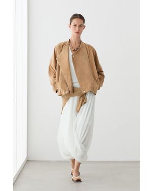 MASSIMO DUTTI Double-Breasted Suede Jacket - Natural
