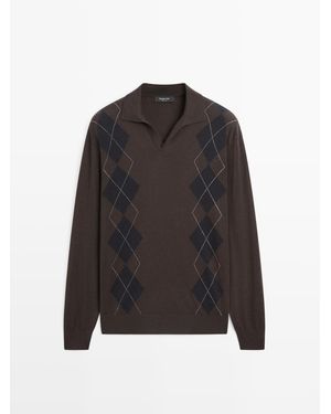 MASSIMO DUTTI Tricot Polotrui Van Wolmix Met Ruiten - Zwart