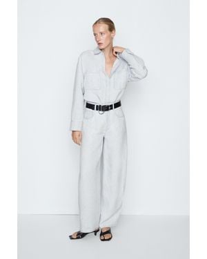 MASSIMO DUTTI 100% Linen Barrel Fit Pants - Gray