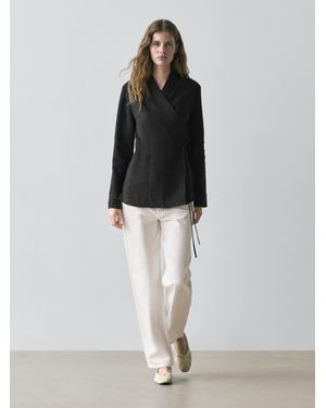 MASSIMO DUTTI Fitted Linen Blend Kimono - Black