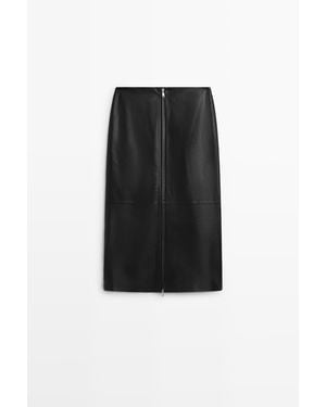 MASSIMO DUTTI Jupe Midi Zippée En Cuir Nappa - Noir